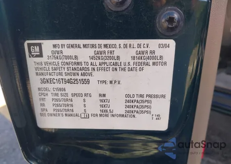 2004 GMC Yukon Xl 1500 Sle z USA, uszkodzony, nr VIN 3GKEC16T94G251559